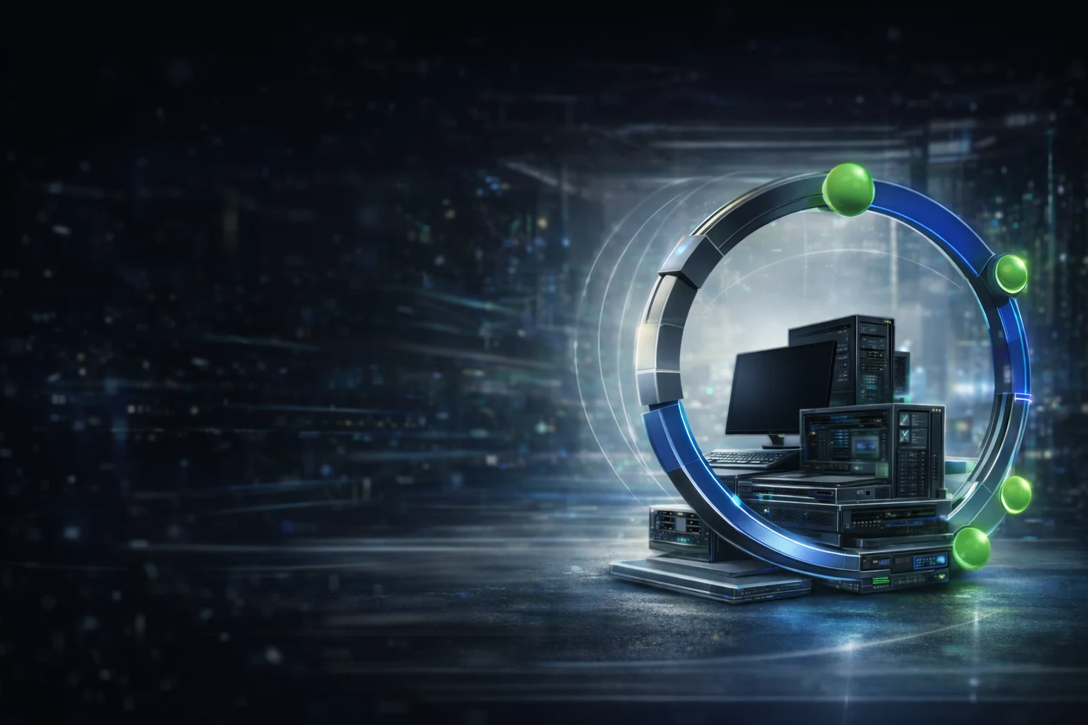 Illustration of IT equipment inside a blue and green lifecycle ring