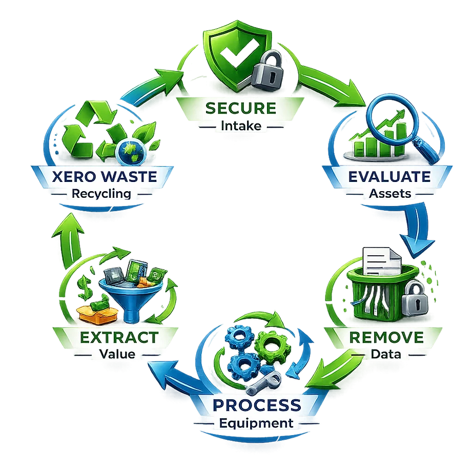 Serpex circular lifecycle diagram: Secure Intake, Evaluate Assets, Remove Data, Process Equipment, Extract Value, and Xero Waste Recycling