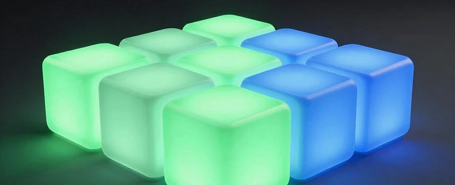 Glowing interlocking green and blue modules