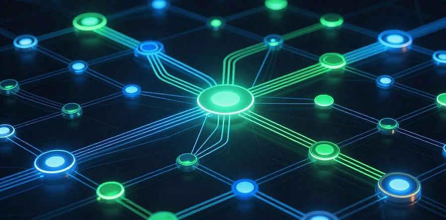 Connected green and blue nodes illustrating a defined system